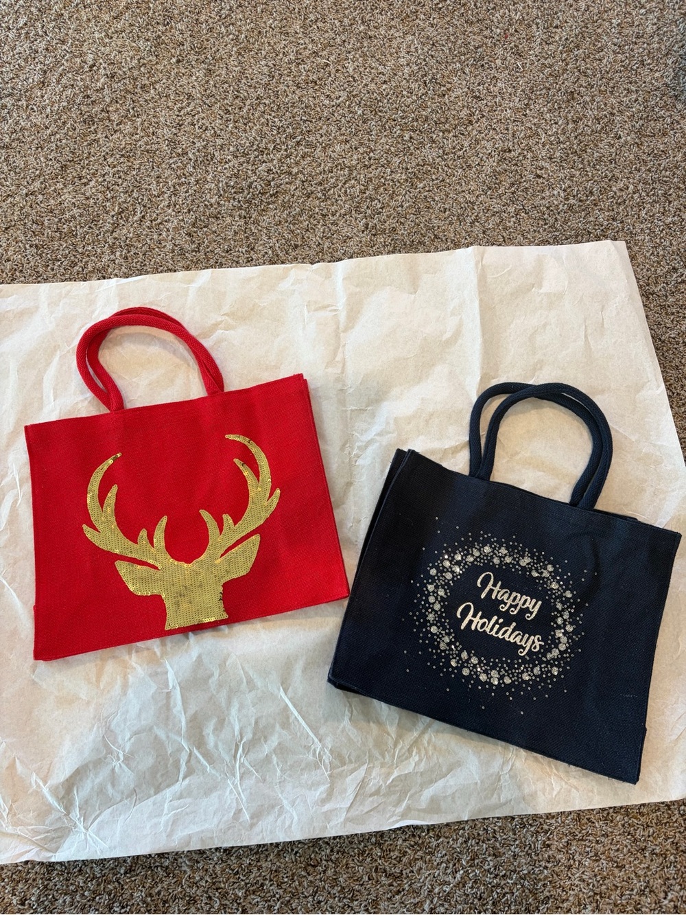 Set of 2 Christmas Gift Shopping Tote Burlap Bags Red Reindeer, Blue 16x13